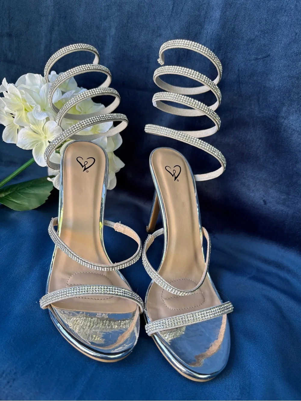 Windsor Silver Spiral Rhinestone Strap Stiletto Sandals Size 8